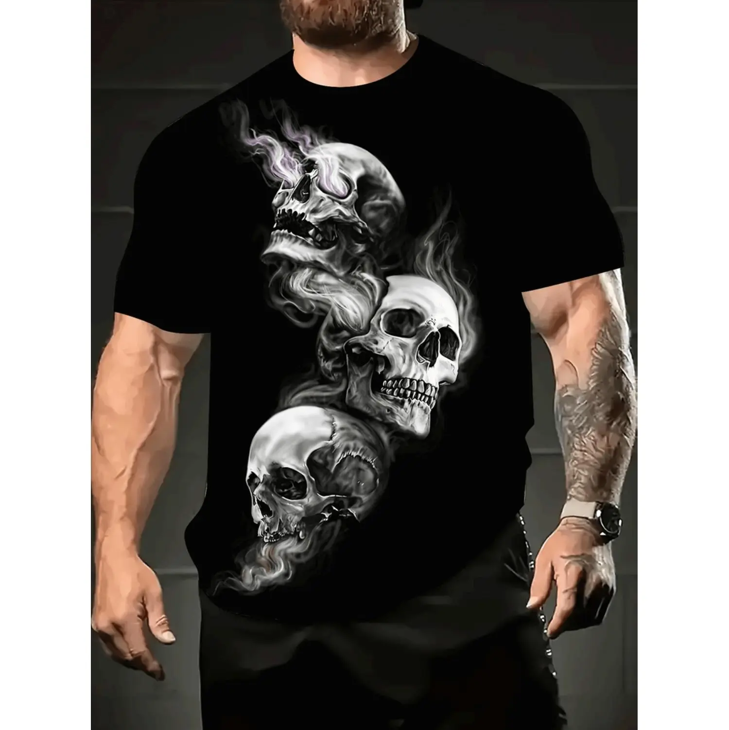 Edgy 3D Skull Print Men's T-Shirt For Summer Casual Wear With Breathable Polyester Blend And Tropical Style Design In Multiple Sizes From S To XXL