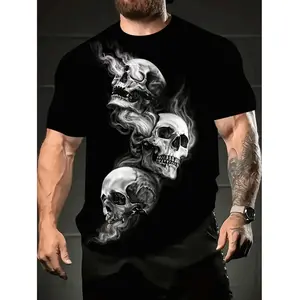 Edgy 3D Skull Print Men's T-Shirt For Summer Casual Wear With Breathable Polyester Blend And Tropical Style Design In Multiple Sizes From S To XXL