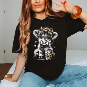 Cheetah Cow Coffee Black Shirt with Adorable Cow Graphic and Leopard Print Cup Design