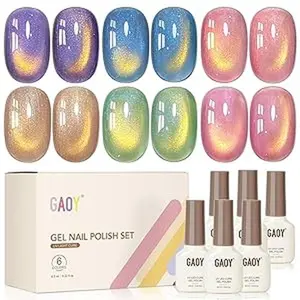 GAOY Cosmic Light-Year Glitter Cat Eye Gel Polish Kit with Magnet Holographic Nail Polish Set Soak Off UV Cure Gel for DIY Manicure at Home