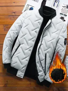 Men's Casual Plain Fitted Windproof Fleece Jacket, Thickened Warm Outerwear Coat, Fashionable Brand Men's Clothing for Cold Weather