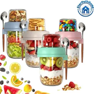 20oz Overnight Oats Glass Jars 4 Pack, Dry Wet Separation Yogurt Containers, Leakproof Mason Jars for Oatmeal, Salad, Fruit & Breakfast Meal Prep