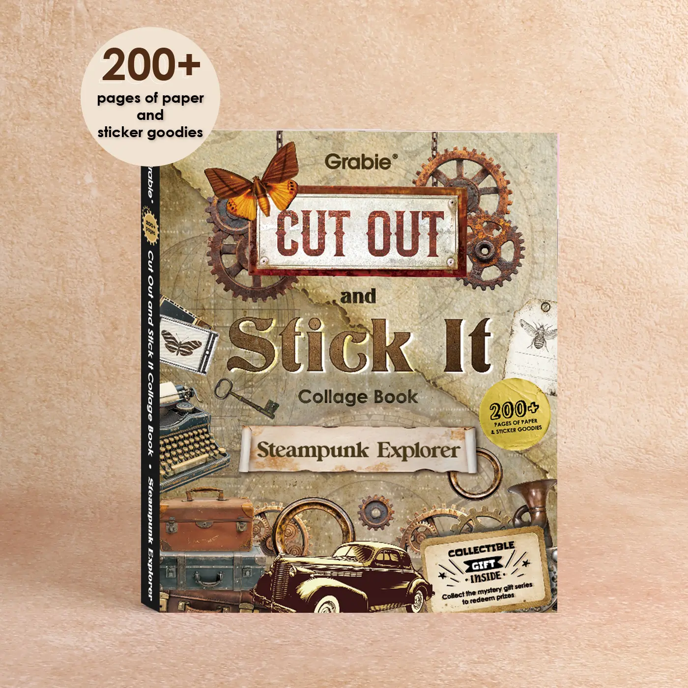 Grabie Steampunk Explorer Collage Activity Book - 200+ Pages, Crafting Papers, Imaginary Invention Themed, Stickers Included, Back to School, Class Reward Gift Idea, School Supplies