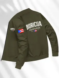 Men's Puerto Rico Flag Print Pilot Jacket, Fitted Zipper Coat, Winter Jacket, Casual Style for Leisure and Cultural Events, Geometric, Long Sleeve, Menswear, Casual Fitted Jackets, Casual Outerwear