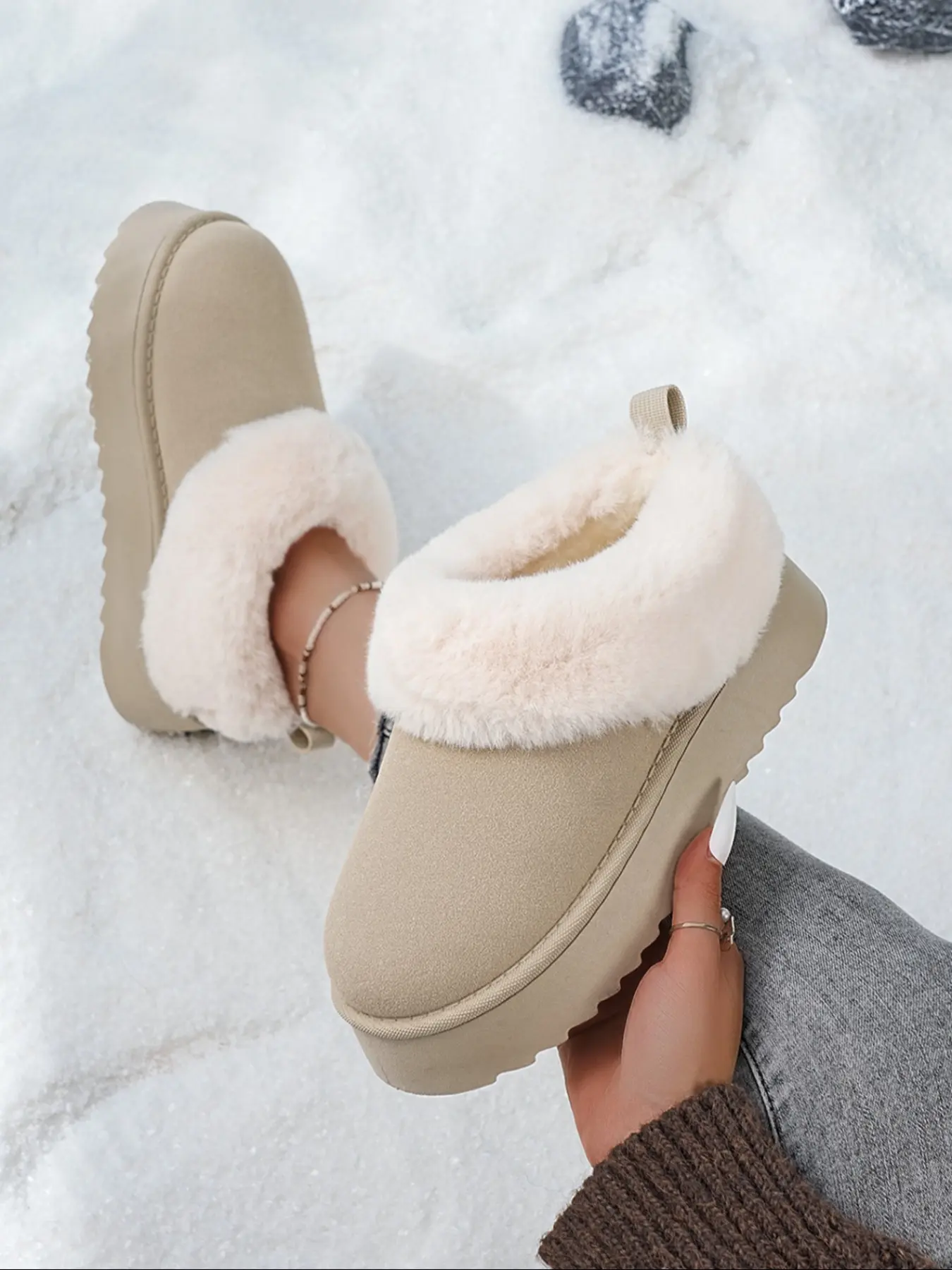 Women's Fashionable Fleece Lined Thick Sole Rubber Half Slippers, Plush Turn-Over Edge, One-Piece Design, Fall Winter Home/wear Jeans Footwear, Casual Indoor Footwear