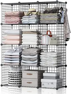 Wire Panel Storage Shelves. Patented Interlock Cubes, Free-standing or Wall-hanging, Select from 14" or 16" cubes, Black or White. (12 Cubs)