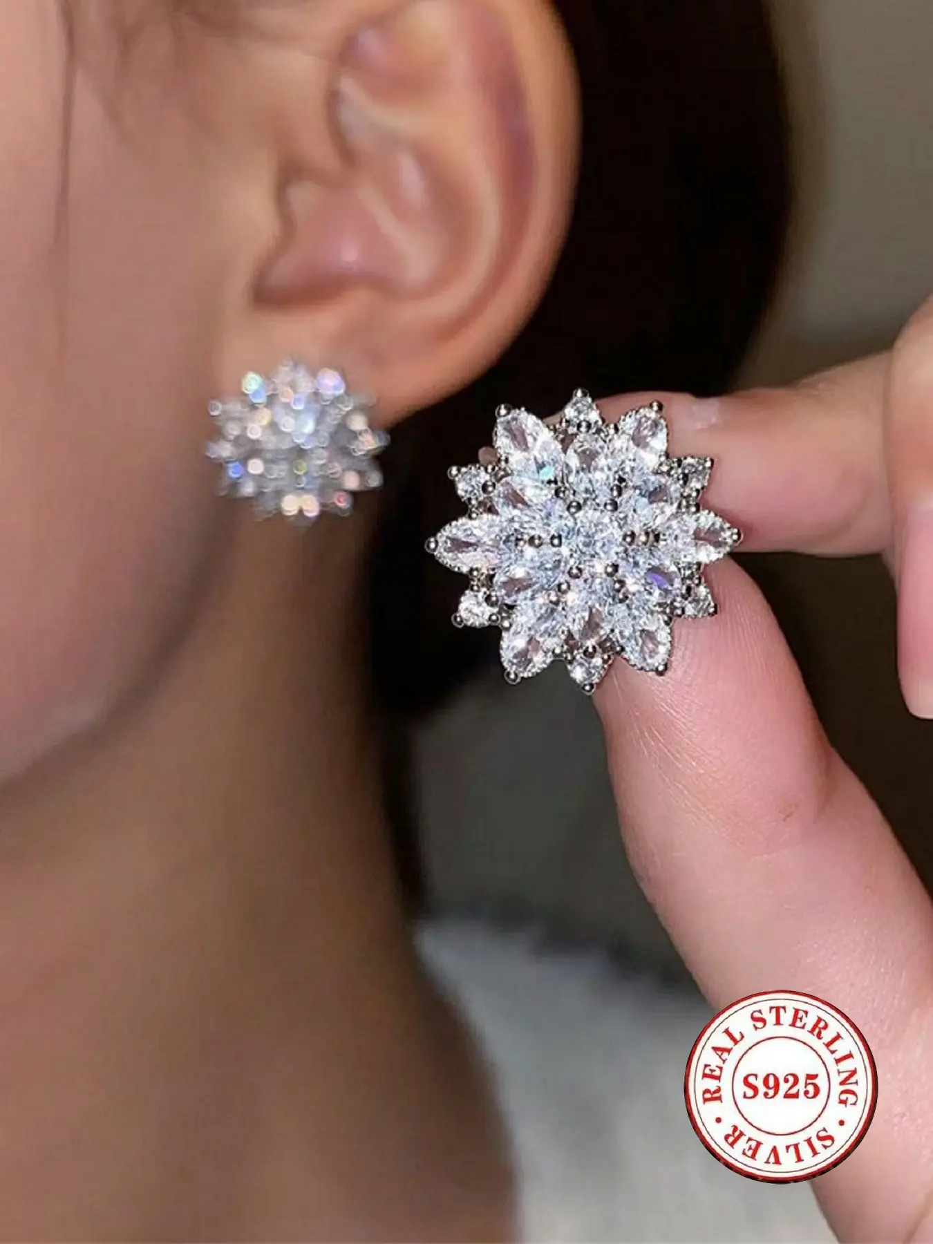 S925 Sterling Silver Snowflake Stud Earrings, Hypoallergenic Cubic Zirconia Flower Earrings, Sparkling Marquise Cut CZ Studs for Women, Shining Earrings, Wedding Party Jewelry Gift