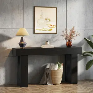 63 Inch Farmhouse Console Table Black MDF Rustic Entryway Table Narrow Long Sofa Table Wear Resistant Accent Behind Couch Table Adjustable Foot Pad Easy Assembly Decor Furniture For Entrance Hallway Living Room Home
