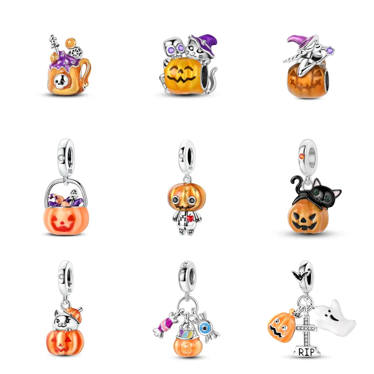 MULA S925 Silver-Plated Halloween Charms - Spooky Pumpkins, Witch Cats, Ghosts, Cute Monsters - Compatible with Pandora Bracelets, Witchcraft Themed, Costume Party Collectibles, Personalized Jewelry Gift for Girls, Costume Parties, Charms & Pendants