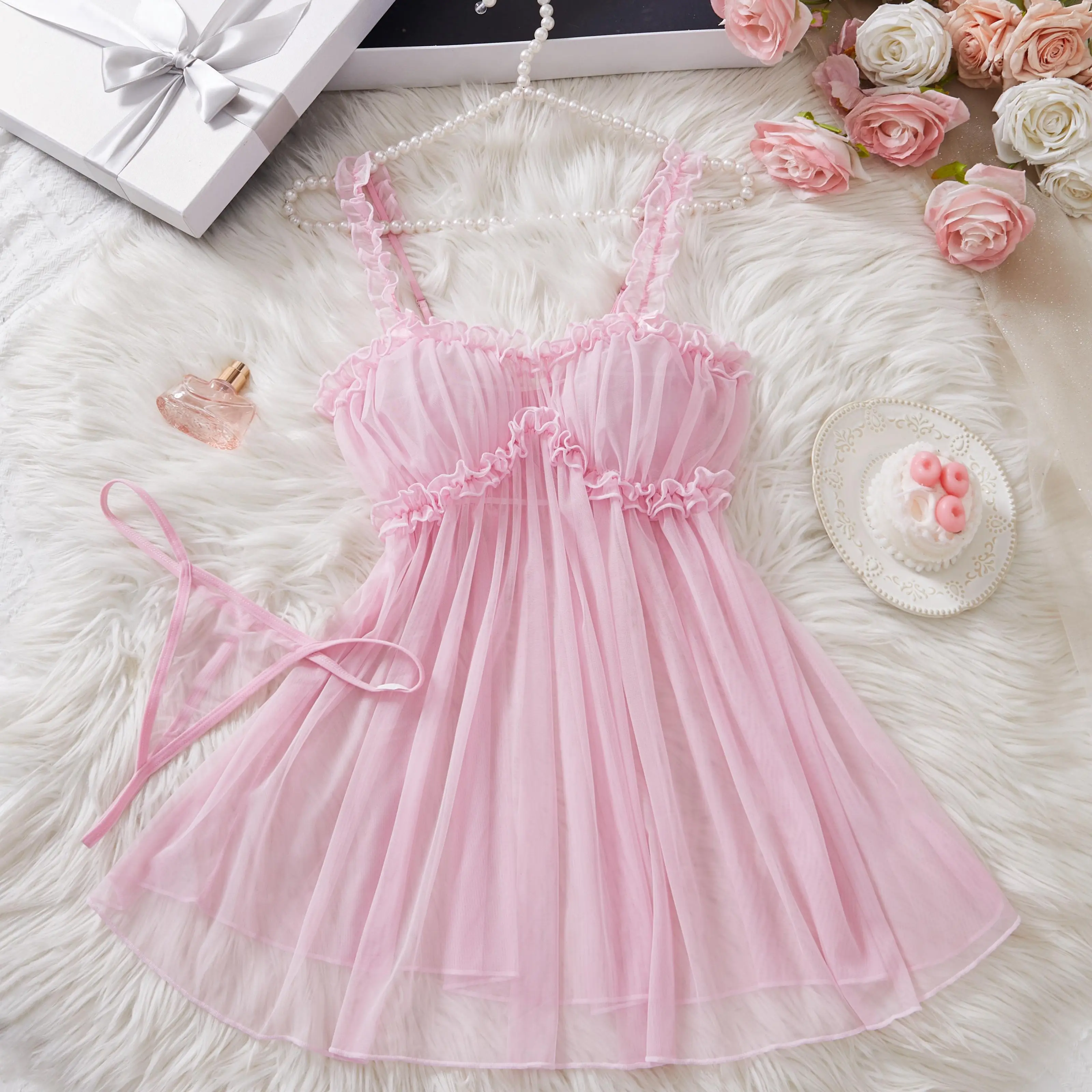 AESKEIA Women's Cute Ruffled 2 Piece Sets, Sexy Sheer Mesh Camisole Top and Underwear, Rosy Pink Nightdress PJ for Lady, Lingerie, Women's 2 Piece Set, Girly Feminine Items, Pj Sets For Women