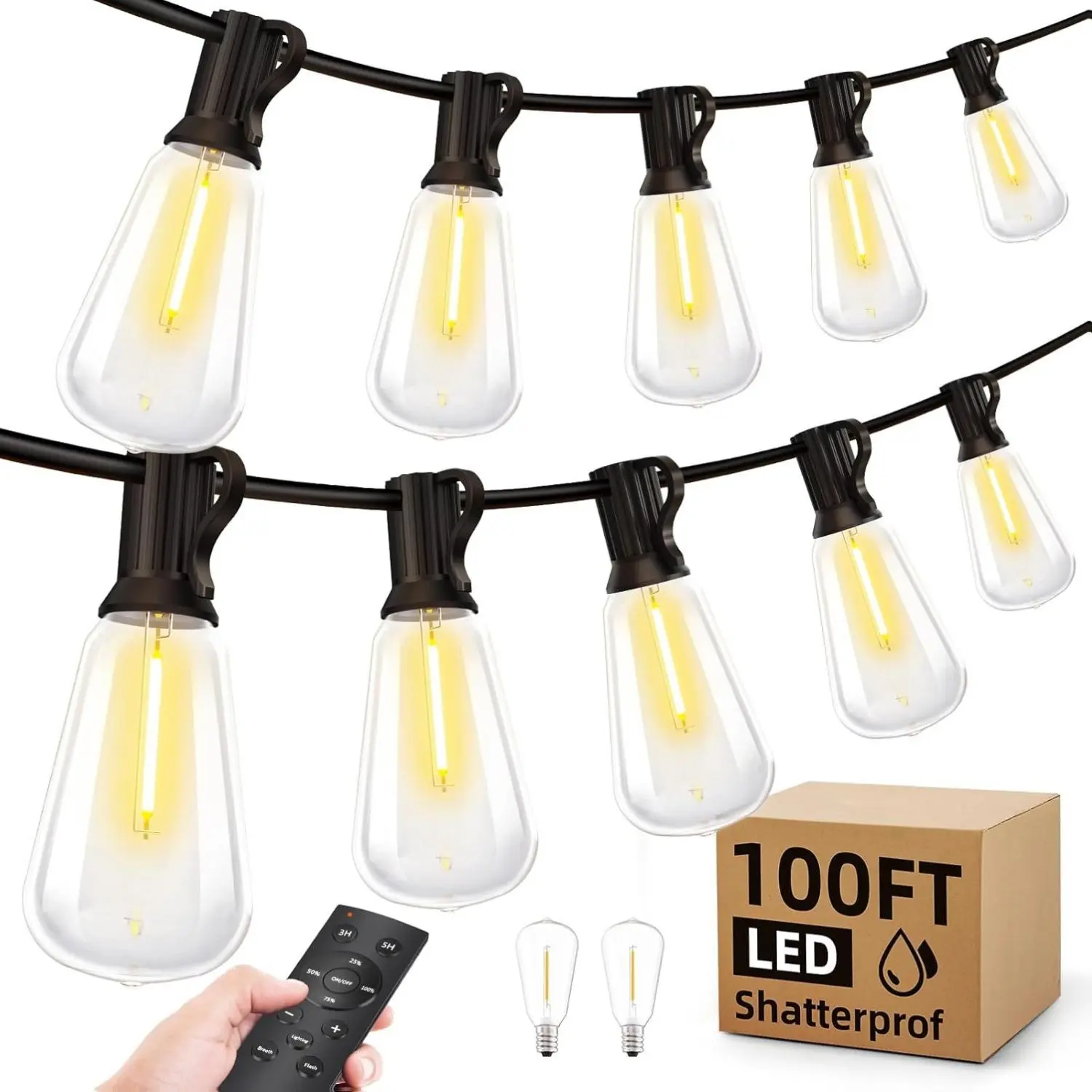 New Deal - Outdoor String Led Patio Lights - 100Ft 30M Outside Waterproof Light With Remote Dimmable ST38 Shatterproof Bulb Connectable Hanging Outdoor Electric Lighting For Backyard Yard Gazebo Porch Party