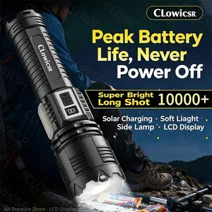 Super Bright 1000 Lumens Flashlight, Solar Charging, Adjustable Beam, COB Side Light, Rechargeable LED, Ideal for Camping, Hiking, Emergency, High Lumen Flashlight