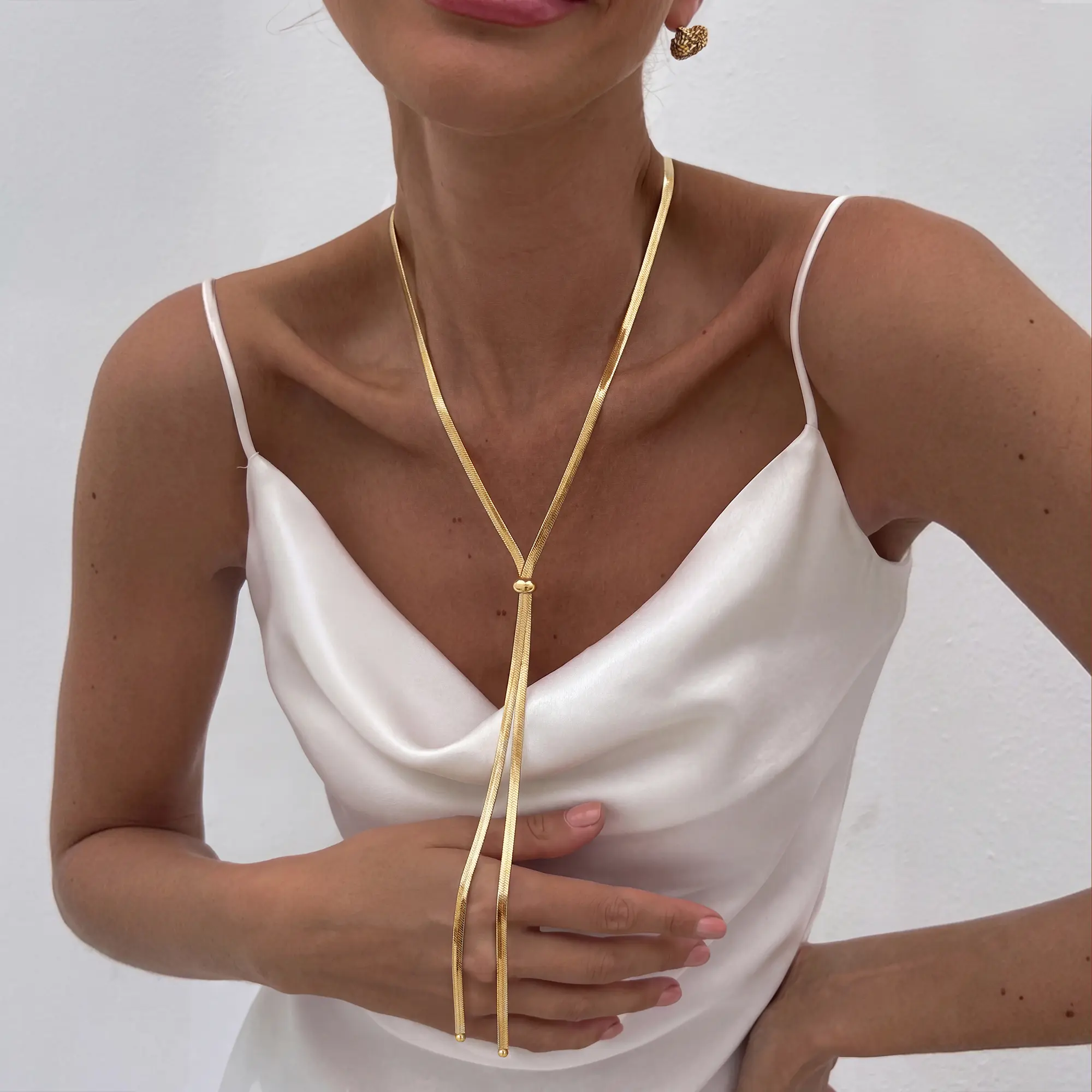 Tewiky 39 inches Lariat Long Gold Necklace for Women Long Adjustable Snake Chain with Bead Dress Sweater Chain 14K Gold Plated Y-Shaped Drop Dangle Prom Jewelry Gold summer outfits Gifts