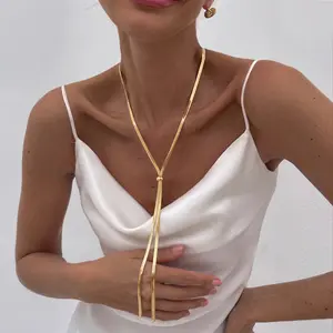 Tewiky 39 inches Lariat Long Gold Necklace for Women Long Adjustable Snake Chain with Bead Dress Sweater Chain 14K Gold Plated Y-Shaped Drop Dangle Prom Jewelry Gold Gifts