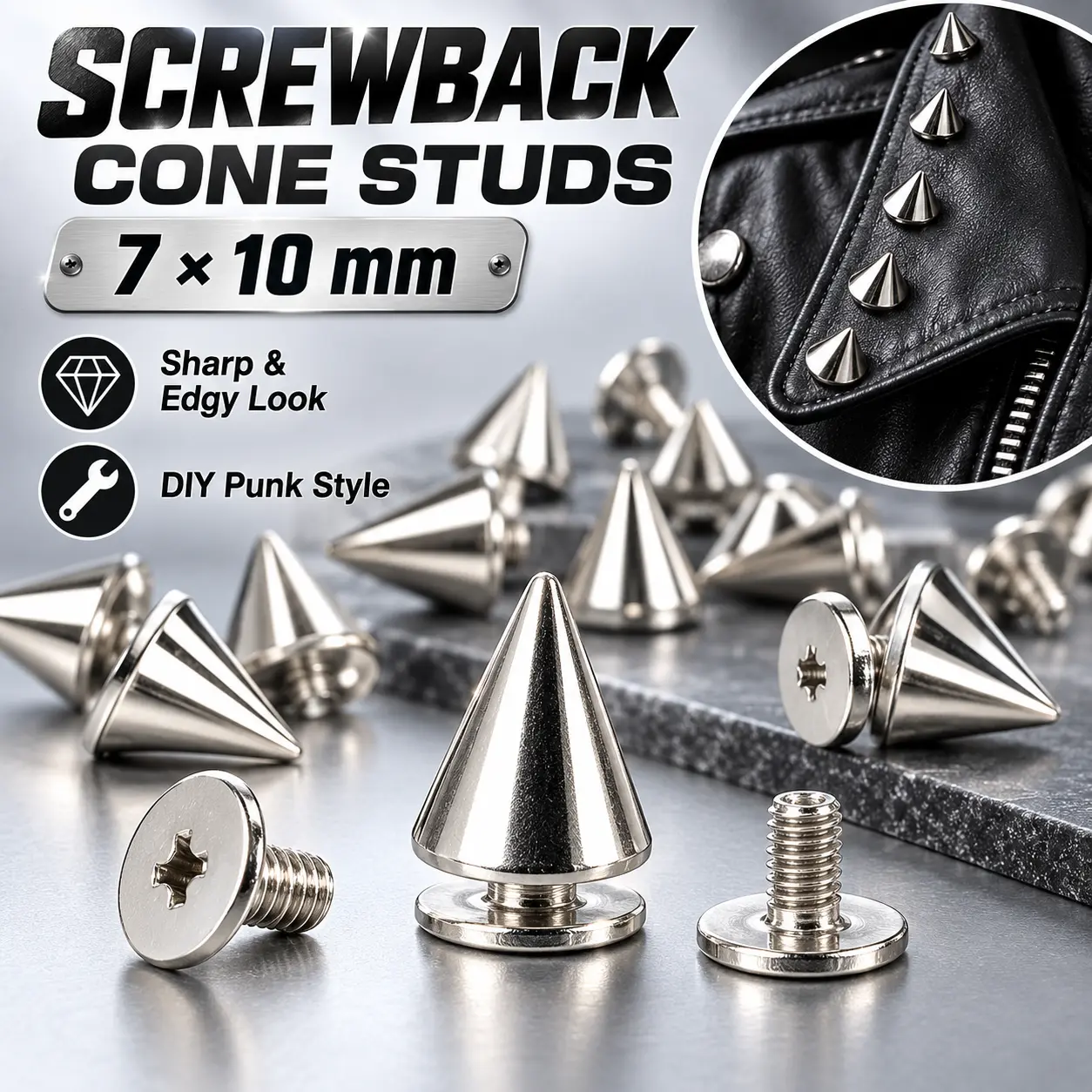 80-Pack Screwback Cone Studs - Metal Conical Punk Rivet Spikes for DIY Leather Jackets, Shoes & Bags, Easy-Install Edgy Alt Fashion Craft Supplies