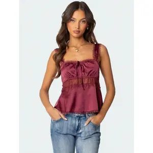 Women’s babydoll tank tops with lace trim, square neckline, sleeveless and backless design; summer streetwear; women’s lace satin patchwork tank tops; camisoles; slim fit with lace trim, square neckline, wide straps; cropped going-out tops