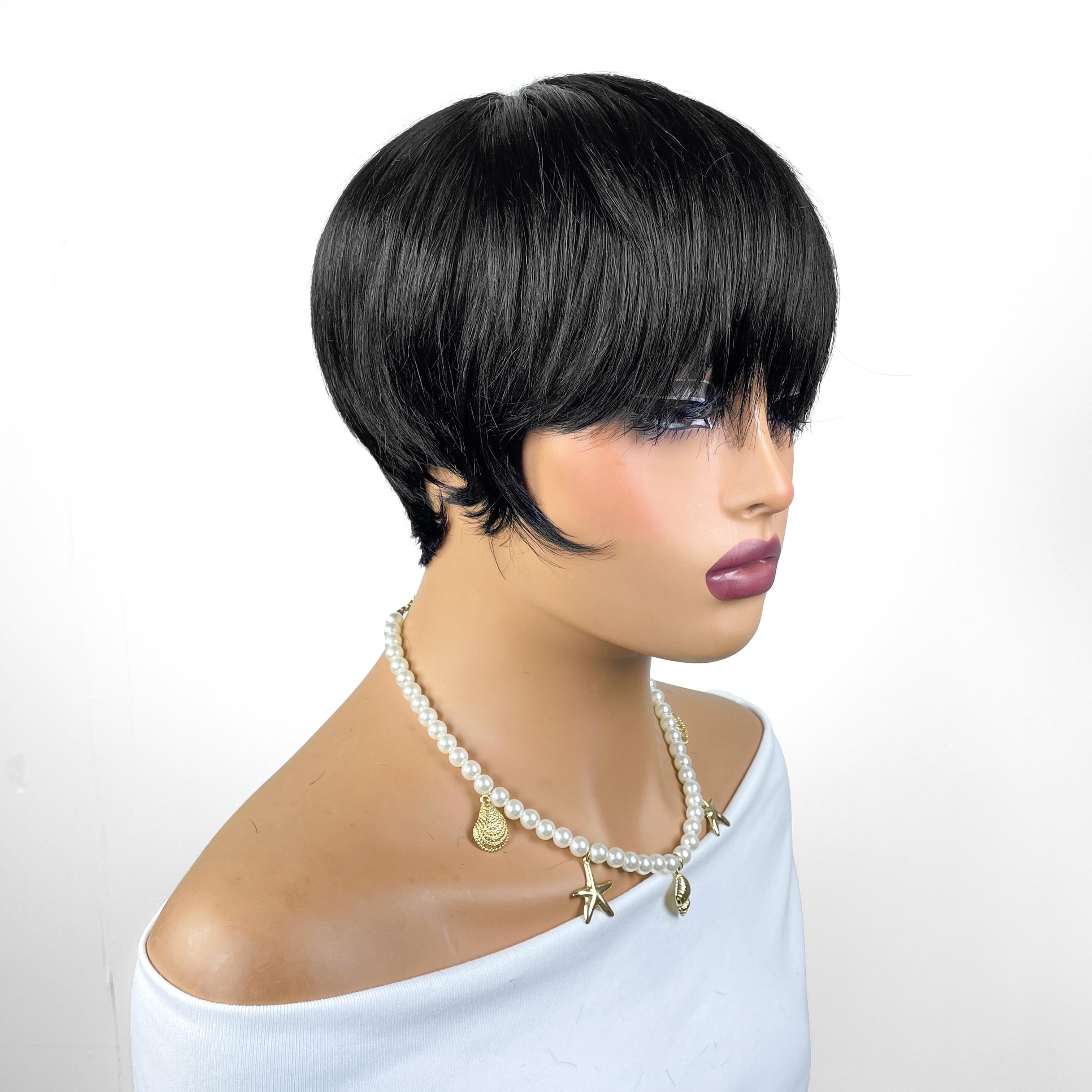 OPQHAIR Chic 6-Inch Black Pixie Cut Straight Wig with Bangs Rose Mesh Hat, Easy To Wear, Suitable For Daily Wear Women' Glueless Short Pixie Wig