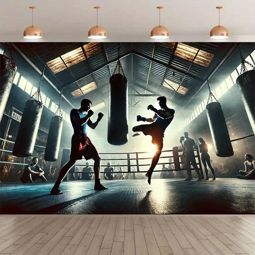 1pc Vibrant Boxing Training Scene Polyester Backdrop Banner - Durable Banner for Birthday Events, Parties, Studio Props, Festive & Party Supplies, Home Supplies Indoor/Outdoor Decoration