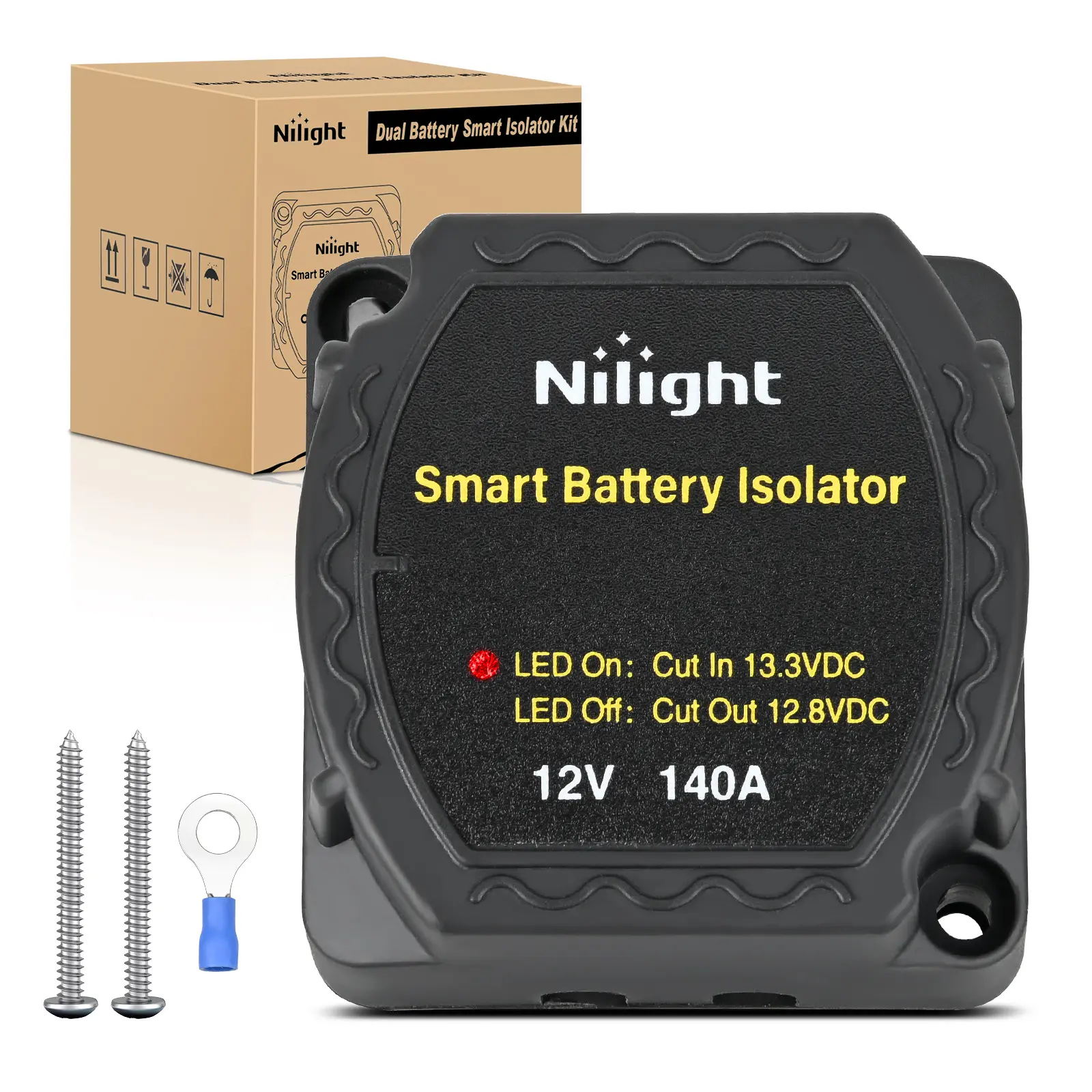 Nilight 12V 140AMP IP66 Waterproof ABS Plastic Smart Battery Isolator - Voltage Sensitive Relay, Dual Charging, Easy Installation, Safe Efficient Automatic Disconnect Switch for Truck, RV, Camping