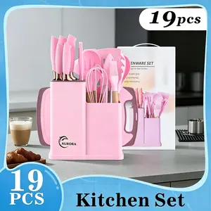 19-Piece Luxury Scandinavian Style Kitchenware Set with Silicone-Wooden Handle Cooking Tools, Knives, Organizer, Nonstick Black Pots and Pans Set, Pink & White Accents