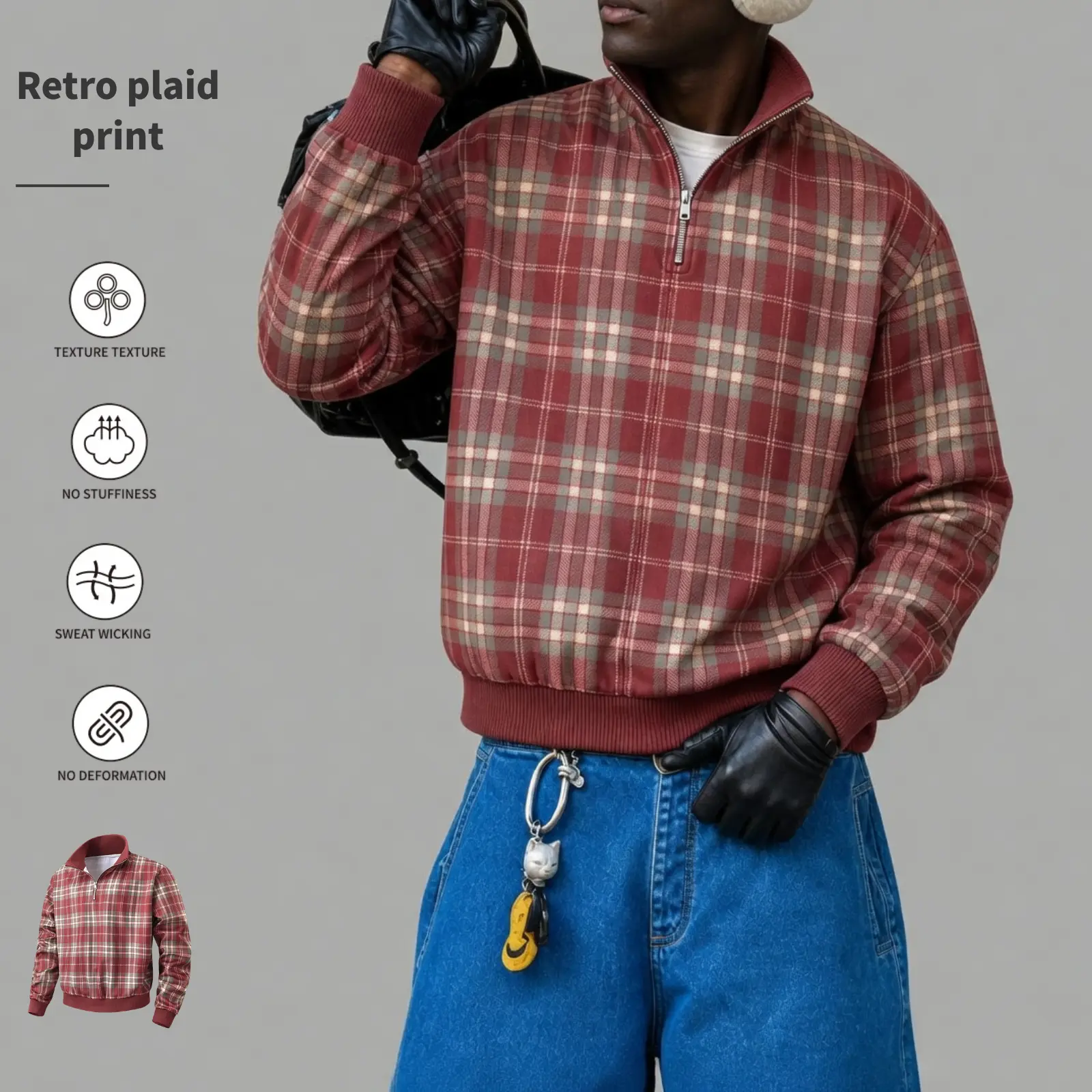 Vintage red-brown plaid men’s jacket with half zip, stand collar, ribbed hem, loose casual fit, and relaxed silhouette