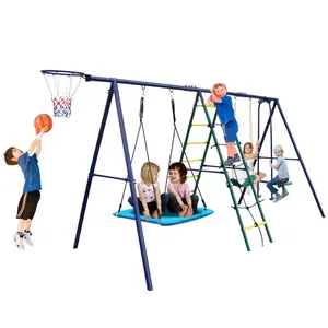 Black Friday Deal Swing Sets for Backyard, Toddler Swing Set Gift for Christmas Day Birthday, 6 in 1 Swing Set with Climbing Ladder, Climbing Net, Glider, Hammock Swing, Belt Swing, Basketball Hoop for Backyard