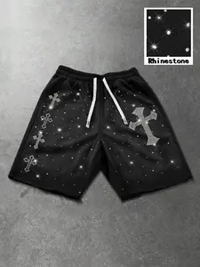 Summer Men's Rhinestone Cross Straight Leg Casual Shorts, Trendy American High Street Versatile Leisure Shorts, Fashionable Loose Fit, Graphic Shorts