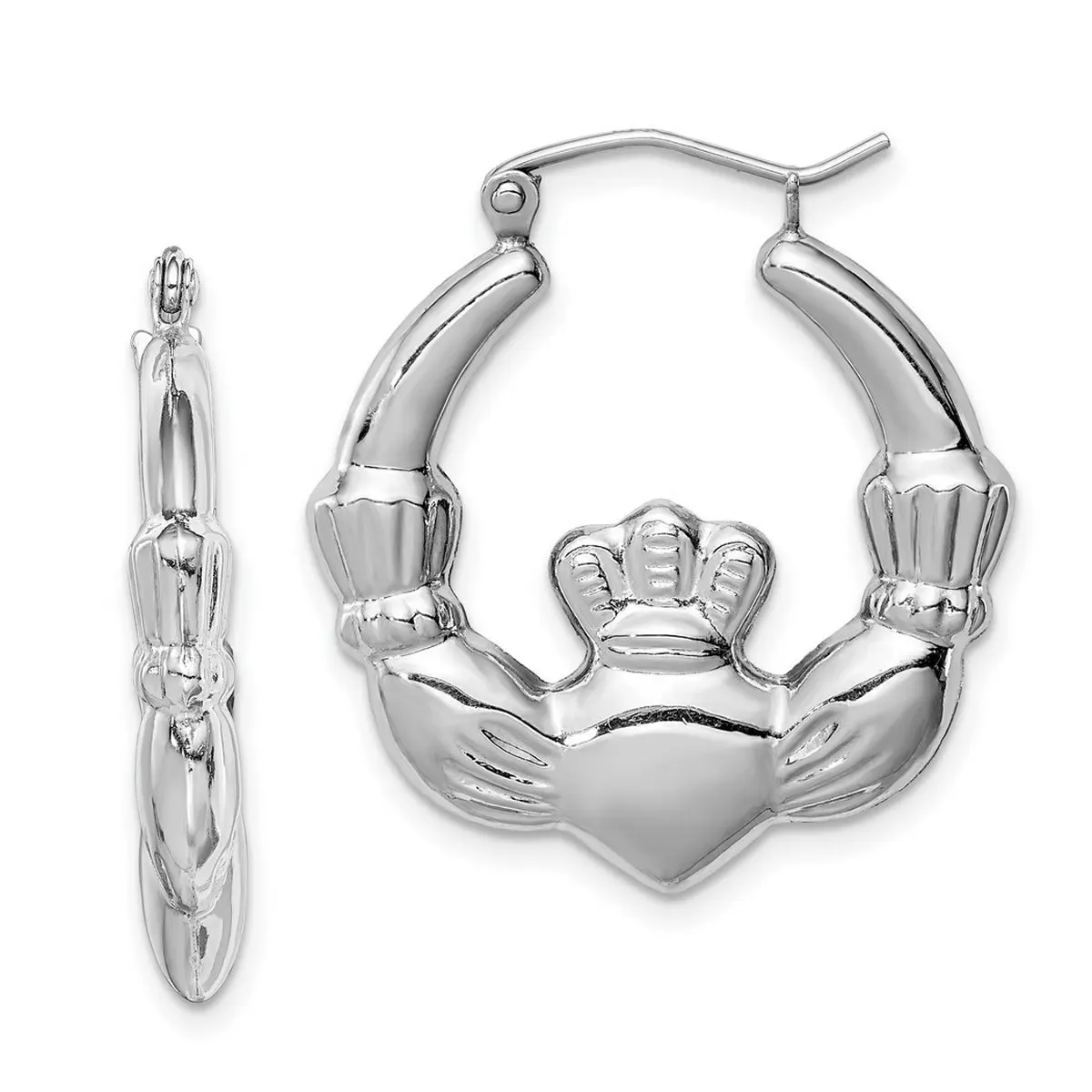 925 Sterling Silver Hollow Hinged post Polished Rhodium Plated Irish Claddagh Celtic Trinity Knot Hoop Earrings 1 Inch diameter 27x25mm-Hoop Earring for Women
