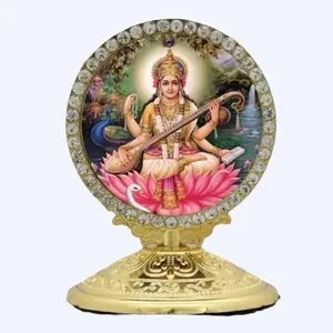 Goddess Saraswati Crystal-Rimmed Car Dashboard Idol with Gold Base Non-Slip Pad Gift-Ready Decorative Figurine for Car Enthusiasts Metal Material