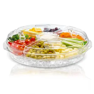 Clear Extra Large Acrylic Appetizer Serving Tray, 8 Compartment Vegetable Tray with Lid, Shrimp Cocktail Serving Dish, Large Iced Food Platter for Breakfast, Lunch, Dinner, Picnics Parties