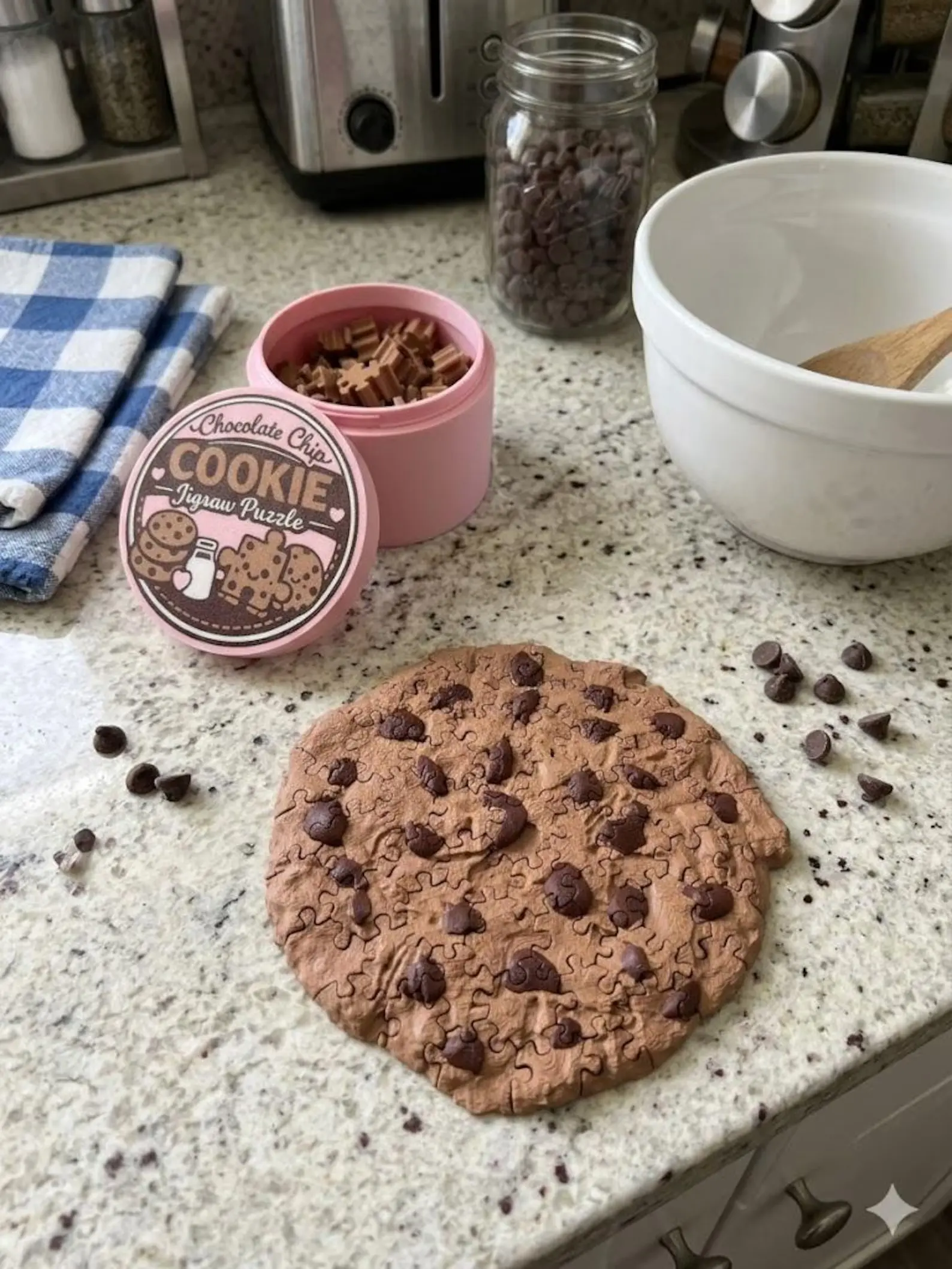 3D Printed Chocolate Chip Cookie Jigsaw Puzzle, Dessert Desk Decor, Novelty Toy Container