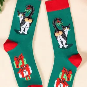 Funny Christmas Holiday Cat Socks with Balls Sock Exchange Gag Gift for Festive Cat Lovers Green with Red Trim and Gift Design