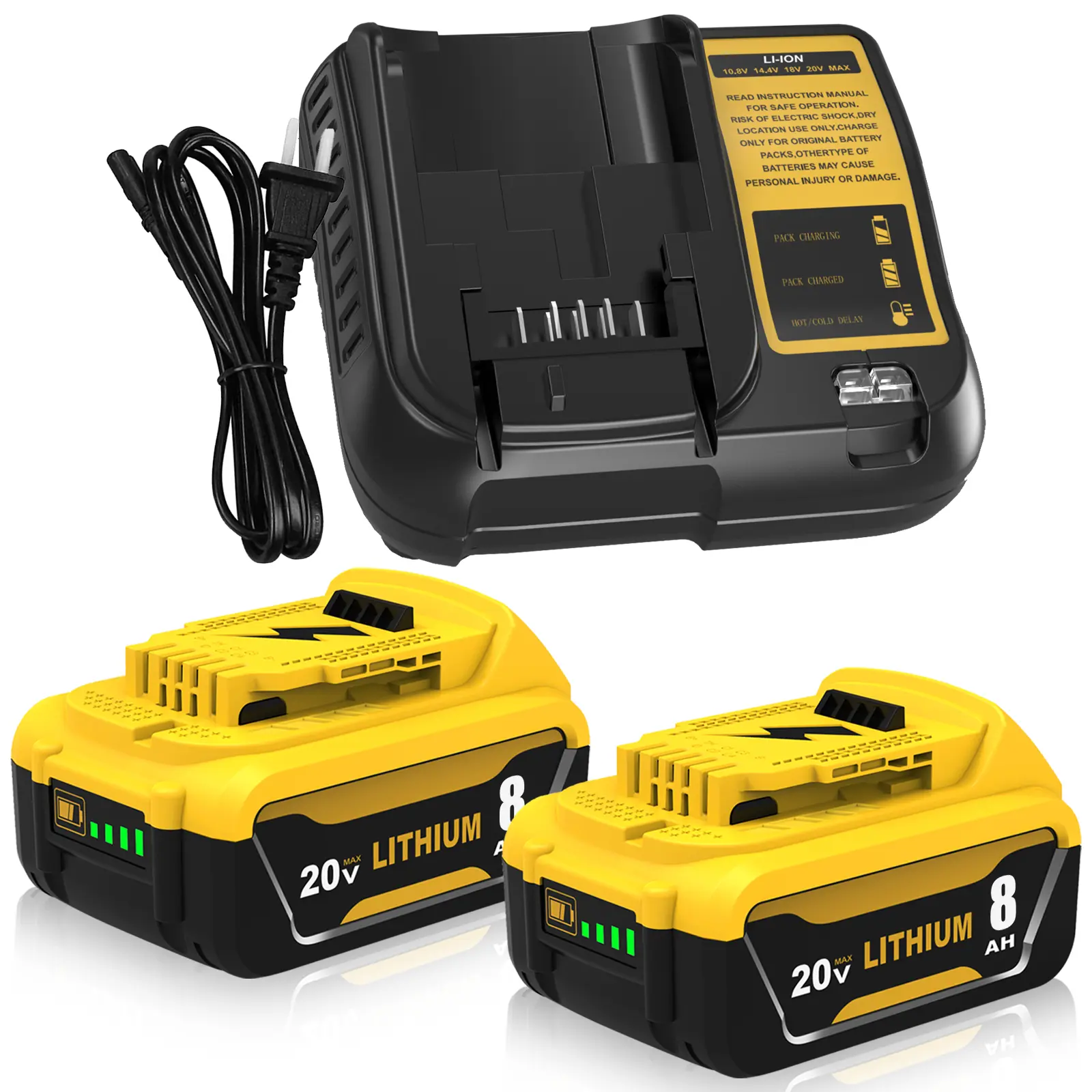 Dewalt 20V Max 2-Pack 8.0Ah Durable Lithium Cordless Drill Battery & DCB107 Li-Ion Charger, Compatible with DCB206 Cordless Power Tools, Li Ion Batteries Included, Durable Lithium Battery