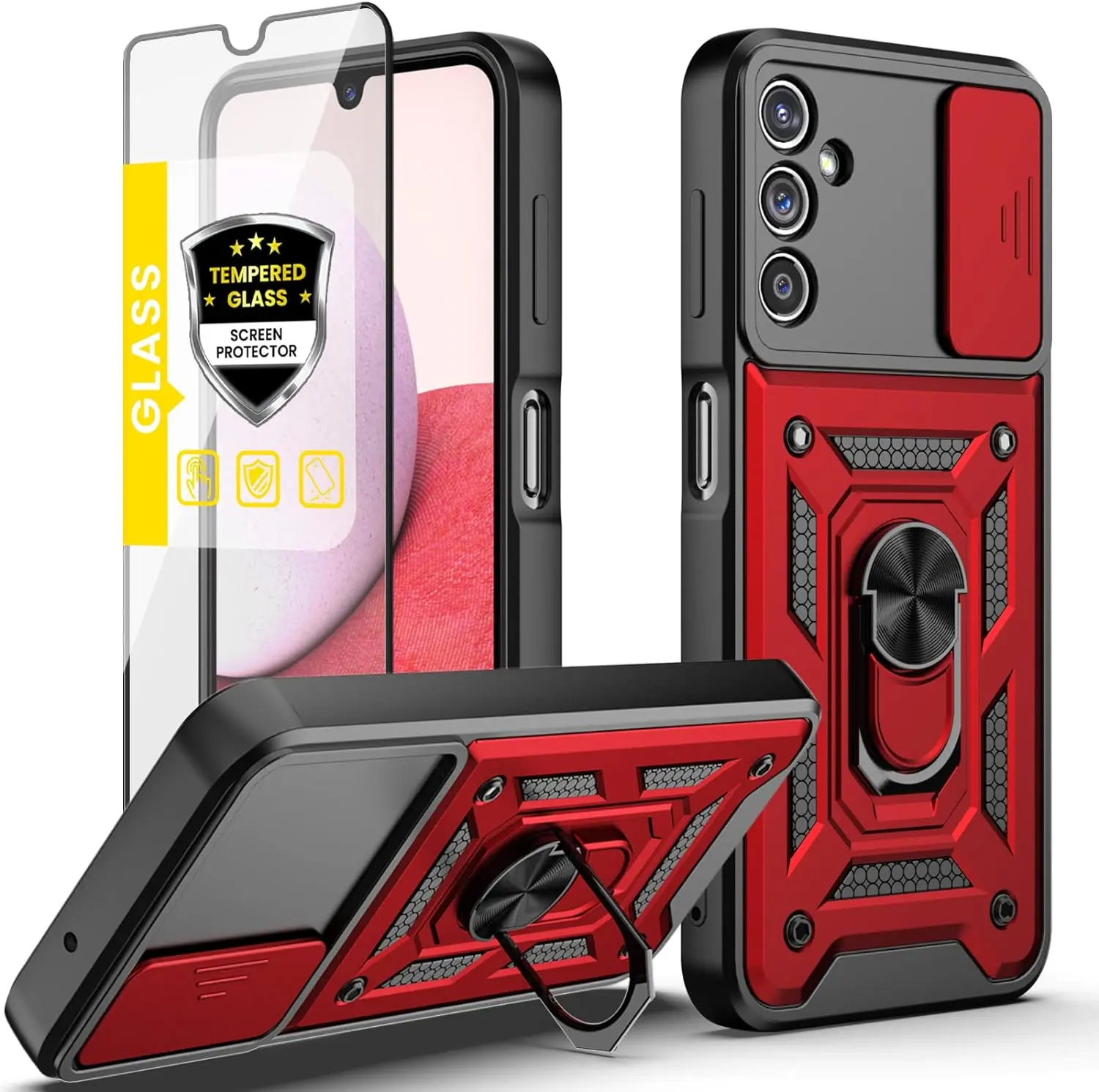 Phone Case for Samsung A14 5G Case, Galaxy A14 5G Case with Stand Kickstand Ring and Camera Cover with Tempered Glass Screen Protector, Military Grade Shockproof Protective Cover for A14 5G(TC-Red)