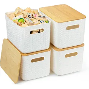 Ohmlove 4 Packs Storage Bins with Bamboo Lids - Plastic Storage Containers with Lids Stackable Storage Box：Storages Baskets for Organizing Desktop Closet Playroom Classroom Office,White
