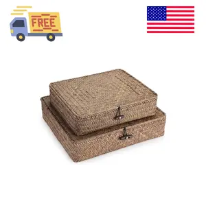 Set of 2 Flat Woven Wicker Storage Bins with Lid Natural Seagrass Basket Multipurpose Home Boxes