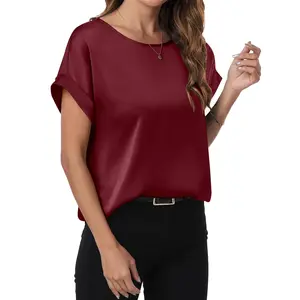 ANRABESS Women's Summer Dressy Casual Short Sleeve Shirts Crewneck Silk Satin Business Office Work Blouse Tops Basic Tee