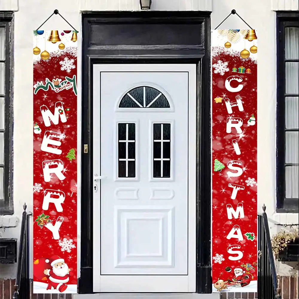 Christmas Porch Banner Set, 12x71in Red Santa Claus Snowflake Hanging Sign, Merry Christmas Front Door Decor for Home Patio, Festive Holiday Wall Decor (Indoor-Outdoor Use)