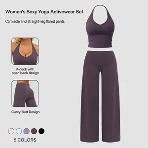 Women's Fitness Set Two-Piece Strappy Crop Top with Straight-Leg Pants Gym Workout Wear Pilates Set Stylish Strappy V-Neck Top for Outings The Ultimate Choice for Fitness and Casual Wear