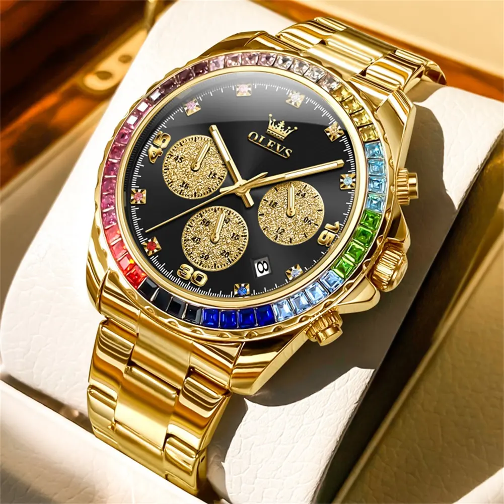 OLEVS 2939 Luxury Men's Stainless Steel Watch - 42mm Dial, 22mm Strap, Gemstone Accents, Chronograph Timer, Date Display, Bright Night Read Luminous Hands, 3ATM Waterproof, Scratch-Resistant Crystal Quartz Movement, 42Mm Watch
