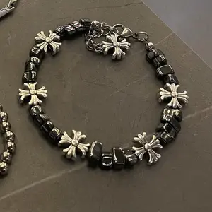 Silver-Plated Cross-Flower Spliced Men's Bracelet, High-End Men's Accessories, Vintage Versatile Niche Hip-Hop Couple Jewelry, New Costume Accessory