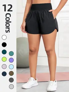 Women's Plain 2 IN 1 Zipper Pocket Shirred High Waist Sports Gym Shorts, Breathable Fitness Shorts, Sporty Breathable Quick Drying Shorts for Gym Workout Running Yoga, Women's Sports Shorts