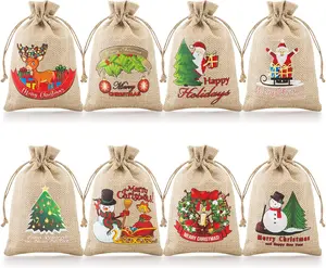 24 Small Christmas Burlap Gift Bags, Treat Bags with Drawstrings (4X6 Inches, 8 Designs) FloraSea