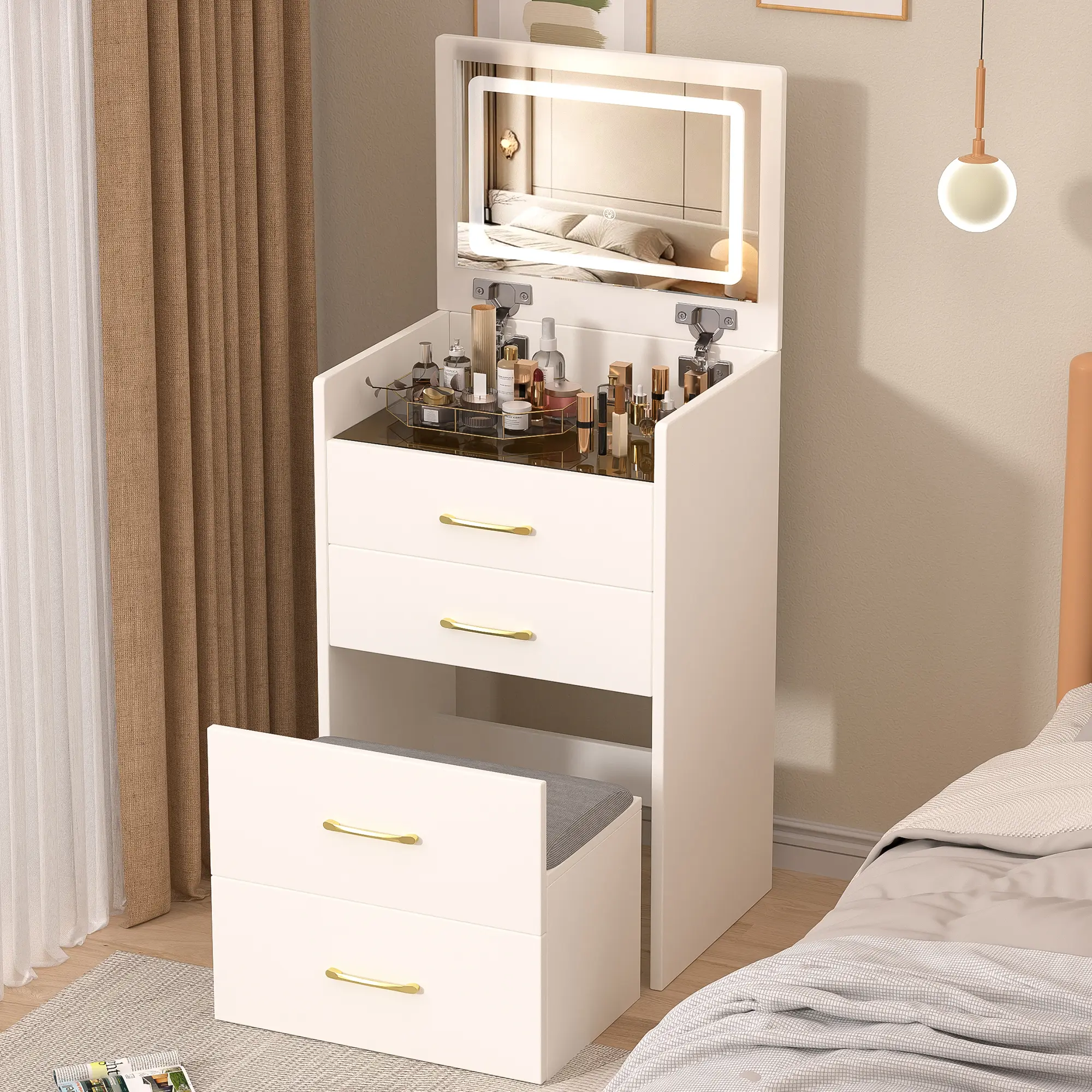 3-in-1 Vanity Desk with Flip Mirror & Glass Top, Small Makeup Table Set with 3 Drawers & Stool, Space-Saving Dressing Table for Bedroom