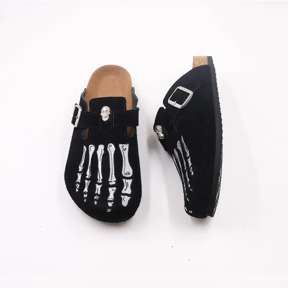 Men's Gothic Skeleton Bone Suede Clogs | Punk Skull Metal Buckle Mules for Men black footwear