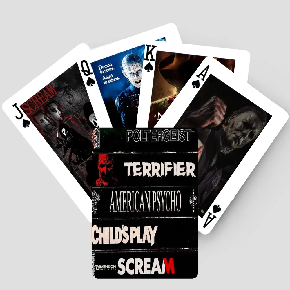 Horror VHS Movies Playing Cards | 90s Horror Characters 54-Card Pocker Deck | Terrifier Michael Myers Halloween Collectibles Gift for Fans, Gamers