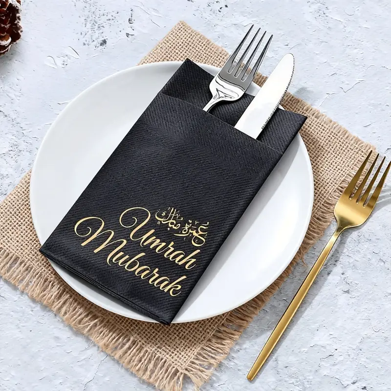 5pcs black Arabic umrah mubarak paper Napkins cutlery holders Muslim Islamic Ramadan Kareem eid dinner table decoration gift