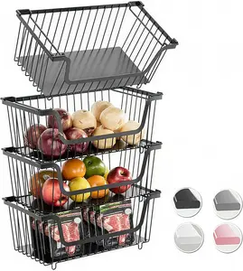 4 Pack Stackable Wire Storage Baskets for Kitchen Pantry Organizer, Metal Fruit Vegetable Storage Bin for Countertop, Potato Onion Holder, Space Saving Kitchen Organizer Black