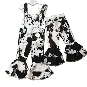 Kids Girl Denim Jumpsuit Cow Print Girl Overalls Bell Bottom Jeans Toddler Girl Clothes