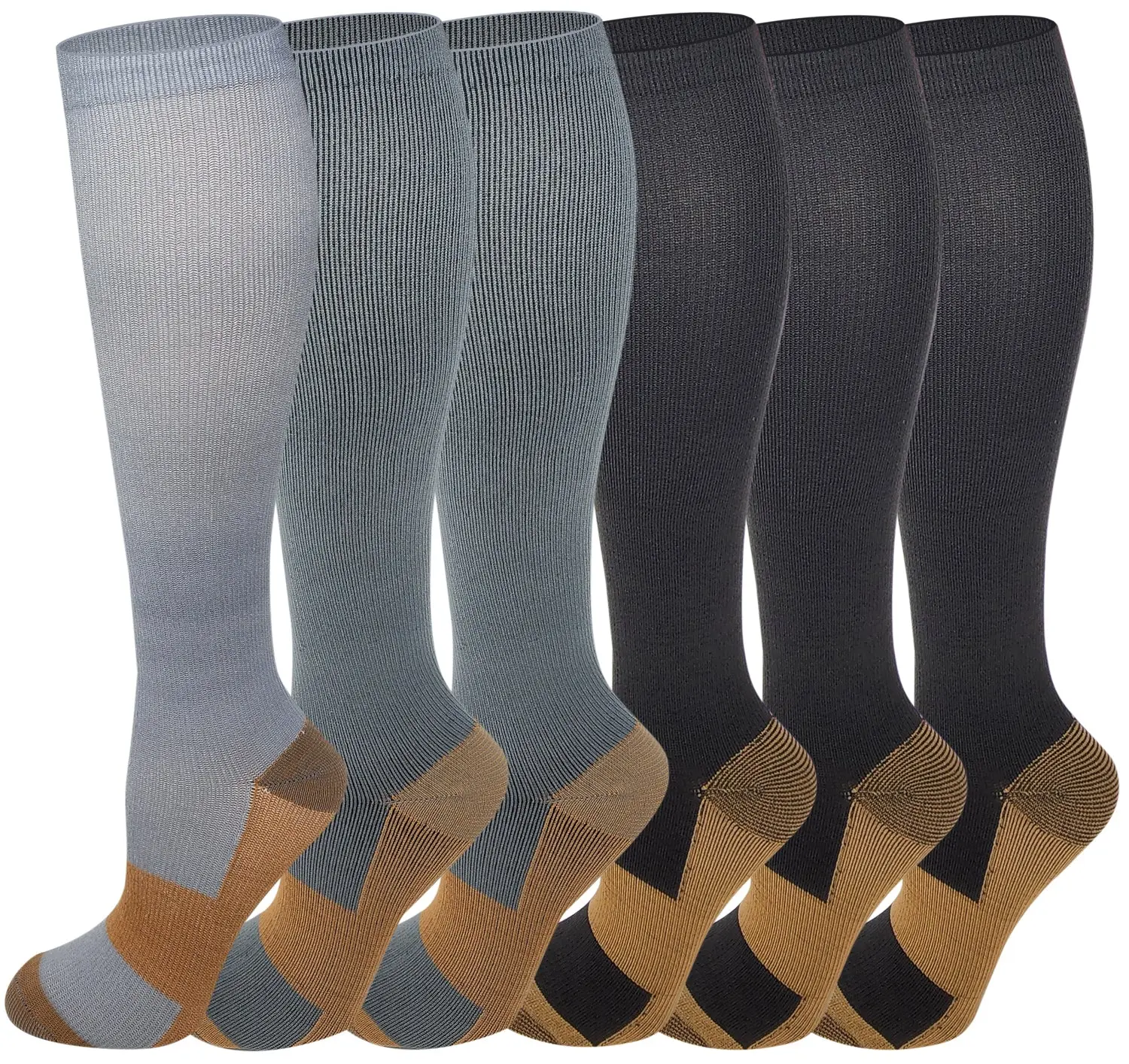 Men's Copper-Infused Compression Knee Socks - 6 Pairs Opaque Stockings for Adults, All Seasons, L/XL, Upper Band, Boosting Circulation, Bringing More Energy